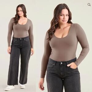 Nuuds Bodysuit Plus Size Brown Mocha Long Sleeve Scoop Neck Stretchy XXXL 3X